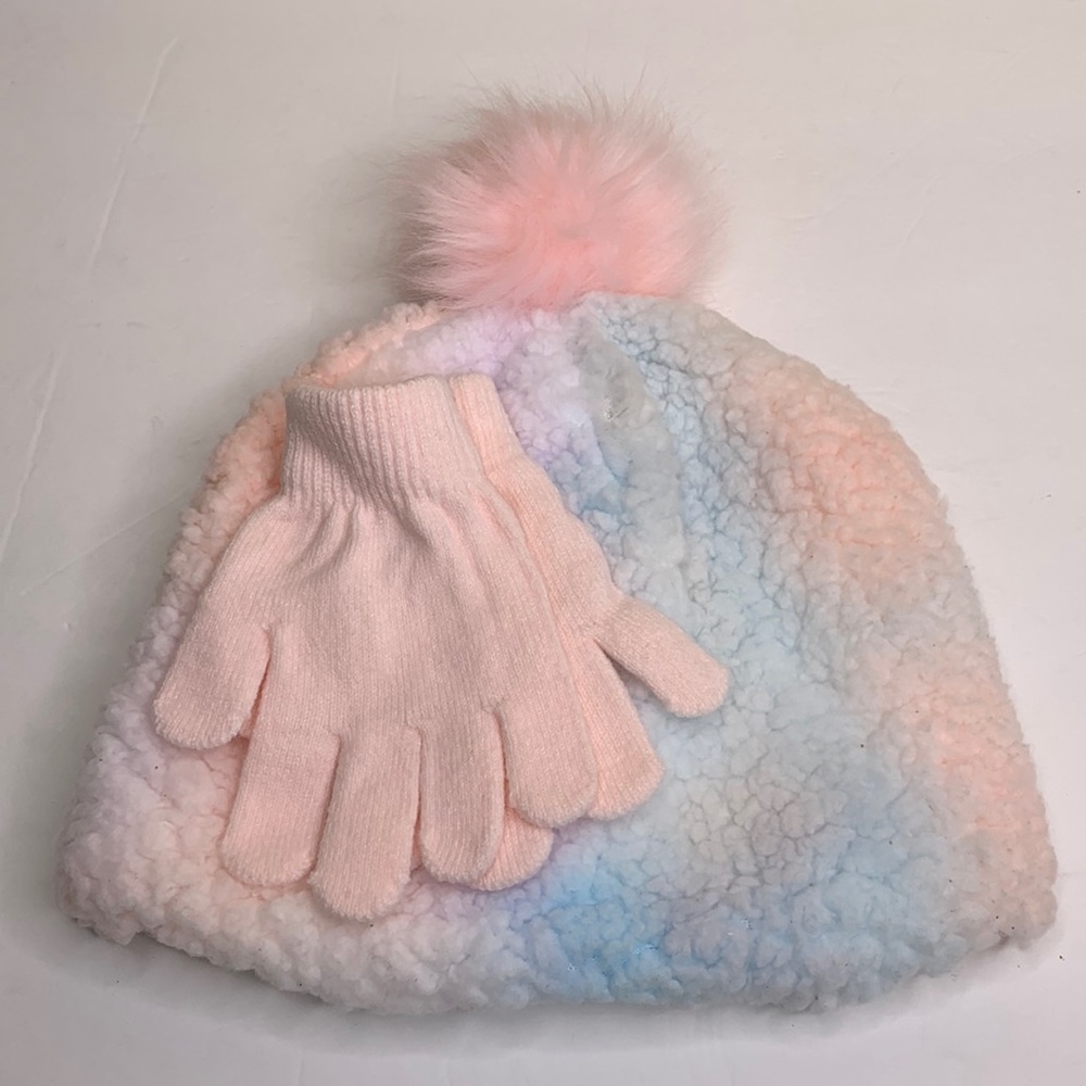 AEROPOSTALE Hat & Glove Set Plush Faux Fur Beanie Pastel Barbiecore